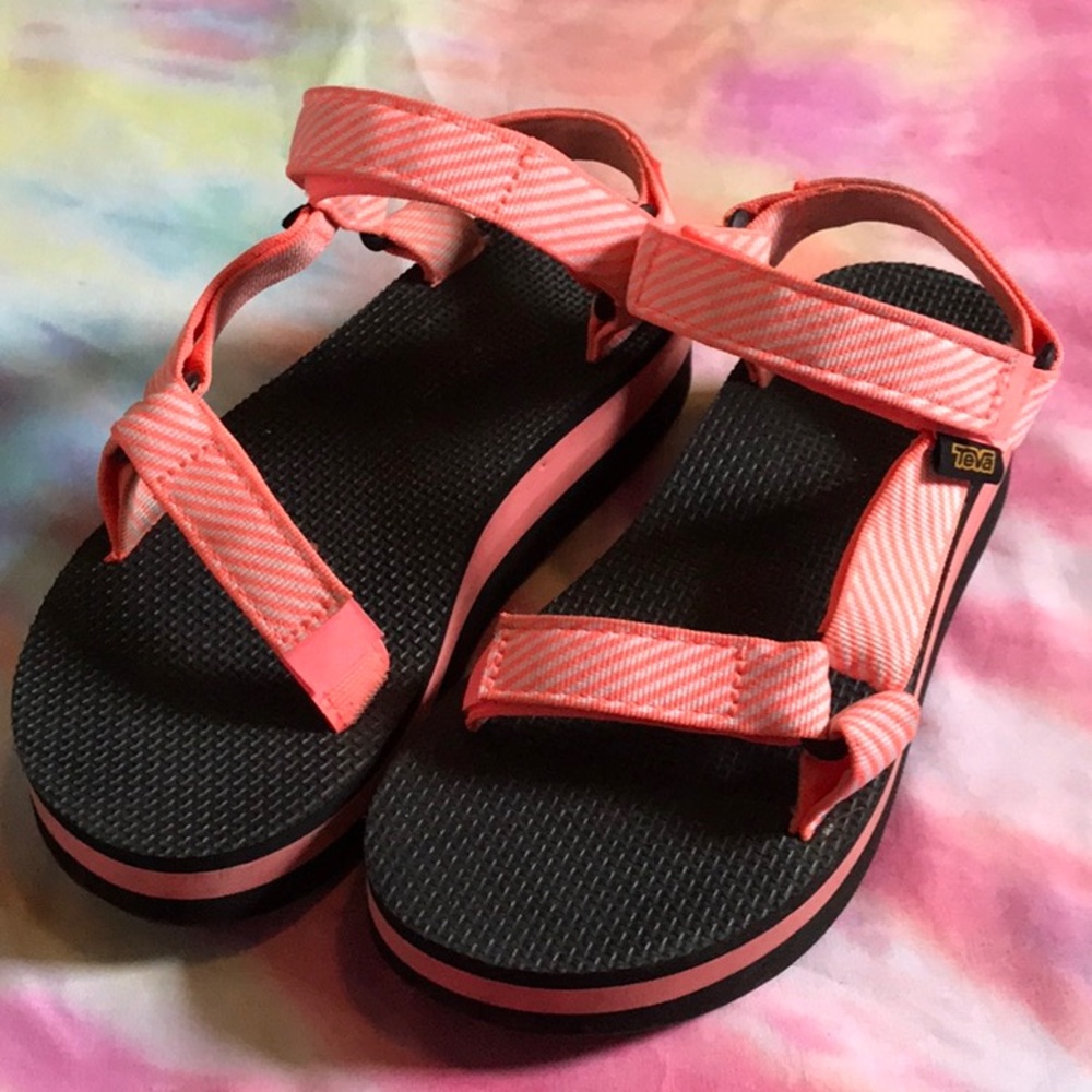 Neon Coral Teva Flatforms